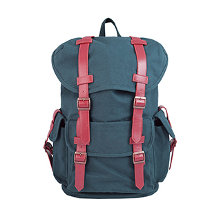 ocean blue backpack with front oxblood leather straps and pockets on each side