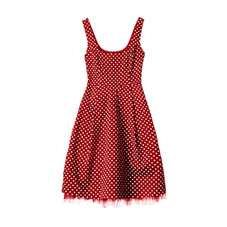 sleeveless red dress with white polka dots
