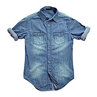 vintage wash blue denim collared shirt with rolled short sleeves