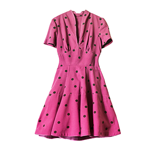 fushia pink short sleeve dress with black polka dots